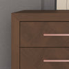 Close-up of the Child Craft Kieran 6-Drawer Double Dresser in Toasted Chestnut, showcasing its herringbone pattern and sleek metallic handles, set against a gray textured wall.
