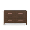 The Child Craft Kieran 6-Drawer Double Dresser in Toasted Chestnut features six drawers with sleek pink handles, shown against a plain white background.