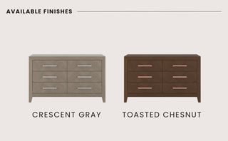 Two Kieran 6-Drawer Double Dressers by Child Craft are shown side by side: one in Crescent Gray and the other in Toasted Chestnut, both featuring sleek handles.