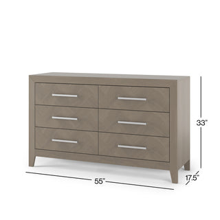 The Child Craft Kieran 6-Drawer Double Dresser in Crescent Gray features silver handles and measures 55"W x 17.5"D x 33"H.