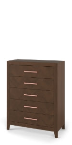 The Child Craft Kieran 5-Drawer Chest in Toasted Chestnut features a simple modern design, brown wood finish, five drawers with horizontal metal handles, and stands on short legs.