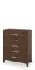The Child Craft Kieran 5-Drawer Chest in Toasted Chestnut features a simple modern design, brown wood finish, five drawers with horizontal metal handles, and stands on short legs.