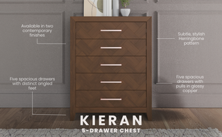 The Child Craft Kieran 5-Drawer Chest in Toasted Chestnut features a herringbone pattern, glossy copper pulls, angled feet, and spacious drawers. It offers two modern finishes and is labeled “Kieran 5-Drawer Chest” at the bottom.
