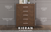 The Child Craft Kieran 5-Drawer Chest in Toasted Chestnut features a herringbone pattern, glossy copper pulls, angled feet, and spacious drawers. It offers two modern finishes and is labeled “Kieran 5-Drawer Chest” at the bottom.