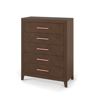 The Child Craft Kieran 5-Drawer Chest in Toasted Chestnut features five drawers, pink horizontal handles, and stands on four angled legs, shown against a white background.