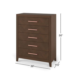 The Child Craft Kieran 5-Drawer Chest in Toasted Chestnut features five drawers with horizontal metallic handles and measures 50"H x 39"W x 17.5"D.