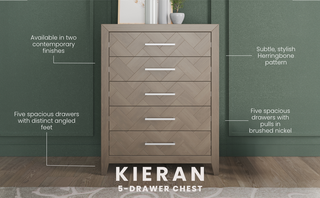 The Child Craft Kieran 5-Drawer Chest in Crescent Gray with herringbone pattern, brushed nickel handles, and angled feet is displayed against a green wall, showcasing its stylish design, modern finish, and spacious drawers.