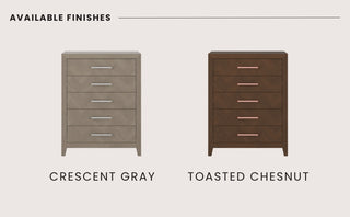 Two five-drawer chests are side by side. The left has a light gray Crescent Gray finish, and the right is the Child Craft Kieran 5-Drawer Chest in Toasted Chestnut.