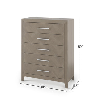 The Child Craft Kieran 5-Drawer Chest in Crescent Gray features silver handles and measures 50"H x 39"W x 17.5"D.