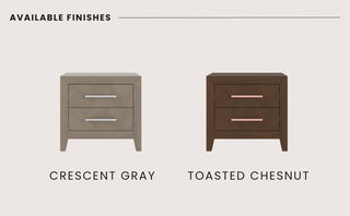Two Child Craft Kieran Nightstands are shown side by side: one in Crescent Gray and the other in Toasted Chestnut, each with two drawers.