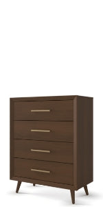 The Child Craft Cranbrook 4 Drawer Chest in Toasted Chestnut features mid-century modern style with four drawers, long horizontal handles, angled legs, and a smooth dark brown finish.