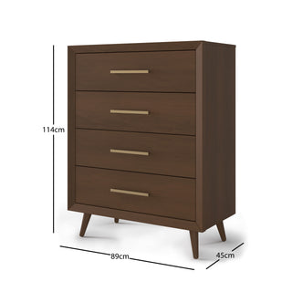 The Child Craft Cranbrook 4 Drawer Chest in Toasted Chestnut features four drawers with gold handles, angled legs, and measures 114cm tall, 89cm wide, and 45cm deep.