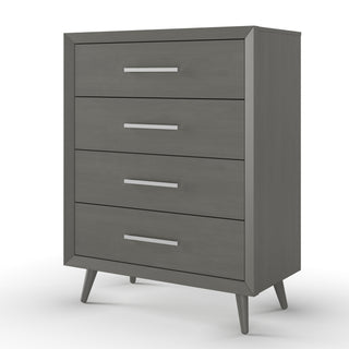 The Child Craft Cranbrook 4 Drawer Chest in Lunar Gray features a modern, minimalist design with sleek metal handles, angled legs, and four spacious drawers, shown against a white background.