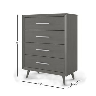 The Child Craft Cranbrook 4 Drawer Chest in Lunar Gray features modern angled legs, four drawers with horizontal silver handles, and measures 45"H x 35"W x 17.75"D.