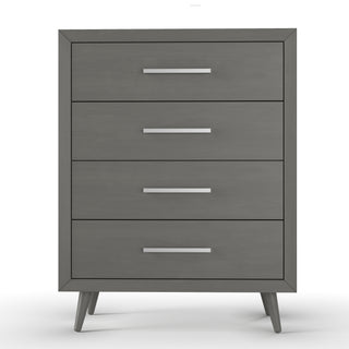 The Child Craft Cranbrook 4 Drawer Chest in Lunar Gray features modern design with four drawers, sleek silver handles, and angled legs for a mid-century modern look.