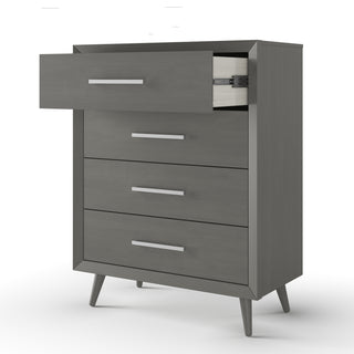 The Child Craft Cranbrook 4 Drawer Chest in Lunar Gray features a modern design with angled legs. The top drawer is open, displaying a light-colored interior and metal slides, while the other three drawers remain closed against a white background.