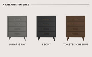 The Child Craft Cranbrook 4 Drawer Chest is shown in Lunar Gray, Ebony, and Toasted Chestnut. Each features four drawers and angled legs. Text reads: Available Finishes.