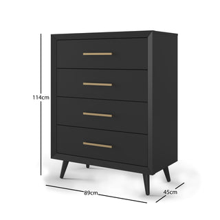 The Child Craft Cranbrook 4-Drawer Chest - Ebony is a black mid-century modern dresser with gold handles and angled legs, ideal for a nursery. Dimensions: 114 cm high, 89 cm wide, 45 cm deep.