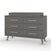 The Child Craft Cranbrook Double Dresser in Lunar Gray features six drawers with silver handles, a raised back panel, and four angled legs for a sleek mid-century modern look, shown here against a plain white background.