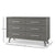 The Child Craft Cranbrook Double Dresser in Lunar Gray is a mid-century modern six-drawer dresser with silver handles and angled legs, ideal for a nursery. It measures 33.25