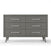 The Child Craft Cranbrook Double Dresser in Lunar Gray features six drawers, sleek metal handles, and angled legs, adding mid-century modern style to any nursery, shown against a plain white background.