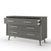 The Child Craft Cranbrook Double Dresser in Lunar Gray features six drawers, angled legs, and silver handles. Two top drawers are partially open, highlighting its stylish mid-century modern storage on a plain white background.