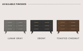 Three Child Craft Cranbrook Double Dressers in Ebony, Lunar Gray, and Toasted Chestnut feature six drawers with horizontal handles and angled legs, offering Mid-Century Modern style—perfect for nursery storage. Finish names are labeled below.