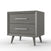 The Child Craft Cranbrook Nightstand in Lunar Gray features two drawers with sleek metal handles and four angled legs, displayed on a white background.