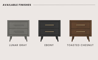 The Child Craft Cranbrook Nightstand is shown in Ebony, featuring two drawers, gold handles, and angled legs—perfect for a mid-century modern nursery. Text reads: Available Finishes.
