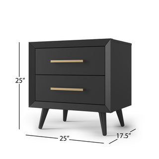 The Child Craft Cranbrook Nightstand, Ebony, is a mid-century modern piece with gold handles and angled legs, measuring 25"H x 25"W x 17.5"D—ideal for nursery use. Shown against a white background.