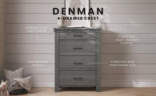 The Child Craft Denman 4 Drawer Chest in Midnight Gray features craftsman-style hardware and rustic finishes, offering spacious storage for nursery essentials while sitting stylishly against a light paneled wall.