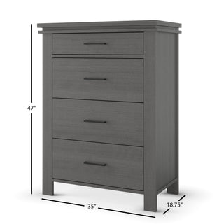 The Child Craft Denman 4 Drawer Chest in Midnight Gray is a wooden dresser with black handles, measuring 47"H x 35"W x 18.75"D—ideal as nursery chest baby furniture.