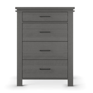 The Child Craft Denman 4 Drawer Chest in Midnight Gray features four drawers with sleek black handles and a modern, clean-lined design—ideal for nursery storage and baby room furniture.