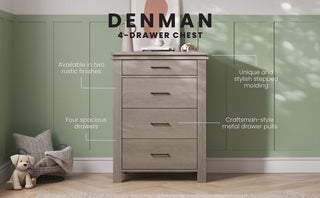 The Child Craft Denman 4 Drawer Chest in Crescent Gray stands against a green paneled wall, featuring rustic finishes, spacious drawers, craftsman-style metal pulls, and stylish stepped molding. A woven basket and teddy bear sit nearby.