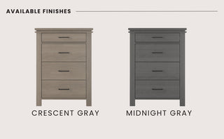 Two dressers are shown side by side; the left is the Child Craft Denman 4 Drawer Chest in Crescent Gray, and the right dresser features a dark gray finish labeled Midnight Gray.