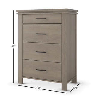 The Child Craft Denman 4 Drawer Chest in Crescent Gray is a stylish nursery dresser with black handles, offering ample storage. Dimensions: 47" tall, 35" wide, and 18.75" deep—ideal transitional nursery furniture.