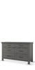 The Child Craft Denman Double Dresser in Midnight Gray features six drawers in two rows of three, each with a sleek horizontal handle. With a modern, simple design, straight lines, and sturdy legs, it’s both stylish and functional.
