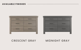 Two dressers are displayed: the left is the Child Craft Denman Double Dresser in Crescent Gray, a light wood; the right is a darker wood called Midnight Gray. Both have three drawers and black handles.