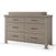 The Child Craft Denman Double Dresser in Crescent Gray features six drawers with black metal handles, a raised back panel, and a light gray finish, shown against a white background.