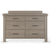 The Child Craft Denman Double Dresser in Crescent Gray features six drawers, black handles, a rectangular shape, and a simple modern design, shown against a white background.