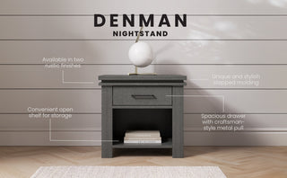 The Child Craft Denman Nightstand in Midnight Gray features stylish molding, an open shelf with two books, a spacious drawer with metal pull, and comes in two rustic finishes. Topped with a white lamp for added charm.