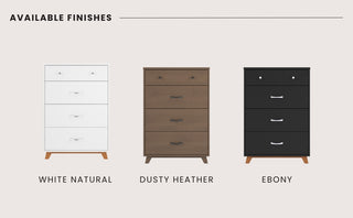 The Child Craft Soho 4 Drawer Chest comes in White/Natural, Dusty Heather (medium brown), and Ebony (black with dark wood legs and white knobs) finishes.