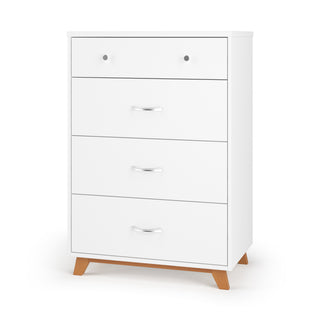 The Child Craft Soho 4 Drawer Chest in White/Natural features four drawers: the top with two small round knobs and the others with long curved silver handles, all set on short wooden legs for a modern look.