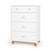 The Child Craft Soho 4 Drawer Chest in White/Natural features four drawers: the top with two small round knobs and the others with long curved silver handles, all set on short wooden legs for a modern look.