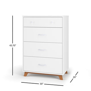 The Child Craft Soho 4 Drawer Chest in White/Natural features a modern design, simple handles, and wooden legs. Measuring 43.7" tall, 30" wide, and 20" deep, this chest offers four spacious drawers for stylish storage.