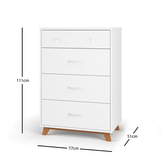 The Child Craft Soho 4 Drawer Chest in White/Natural features wooden legs and measures 111 cm high, 77 cm wide, and 51 cm deep. It offers three large drawers plus a smaller top drawer for versatile storage.