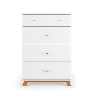 The Child Craft Soho 4 Drawer Chest in White/Natural features three drawers with sleek silver handles, a top drawer with two round knobs, and light wooden angled legs, shown against a white background.