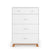 The Child Craft Soho 4 Drawer Chest in White/Natural features three drawers with sleek silver handles, a top drawer with two round knobs, and light wooden angled legs, shown against a white background.