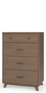 The Child Craft Soho 4 Drawer Chest in Dusty Heather features a mid-century modern design with dark handles, angled legs, two small knobs on the top drawer, and larger handles on the remaining drawers for a stylish nursery accent.