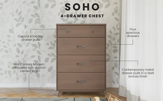 The Child Craft Soho 4 Drawer Chest in Dusty Heather features spacious drawers with conical knobs and metal pulls, canted legs, and a mid-century modern nursery style—perfect as functional and stylish nursery furniture.